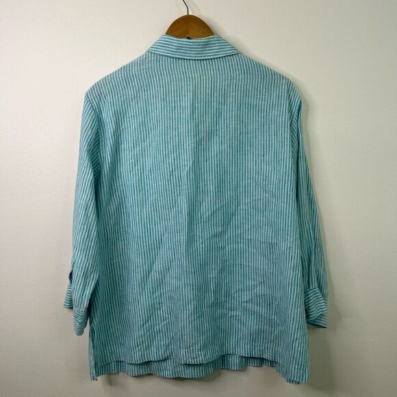 Chico’s 100% Linen Button Down Shirt Women’s Size 3‎ (XL) Aqua Blue White Stripe - Picture 6 of 9